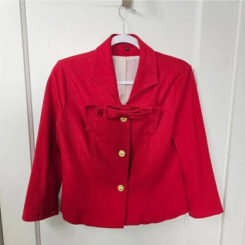 CAbi red jacket with bow and gold buttons sz 6, excellent condition